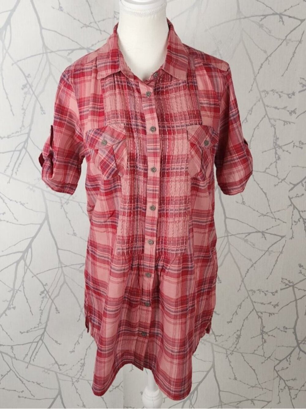 Next Pink Plaid Checks Cotton Embroidered Pintuck Tunic Shirt